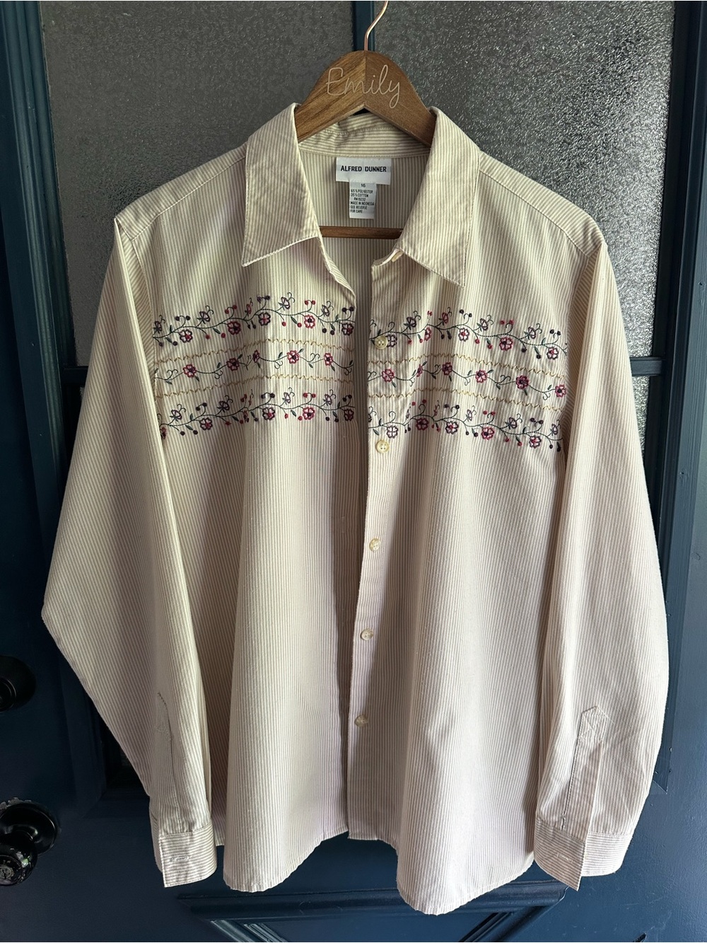 Vintage Alfred Dunner Striped Long-Sleeve Embroidered Button-Up Blouse